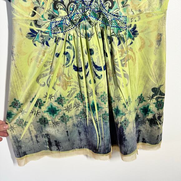 One World Top Women M Lime Green Mesh Sheer Back Bling Sparkly Fairy Y2K Babydol - Picture 7 of 8